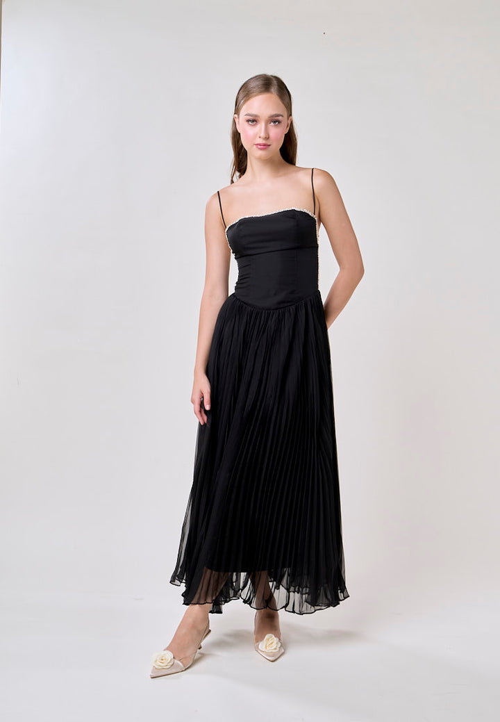 Royal Black A Line Pleated Bustier Maxi Dress