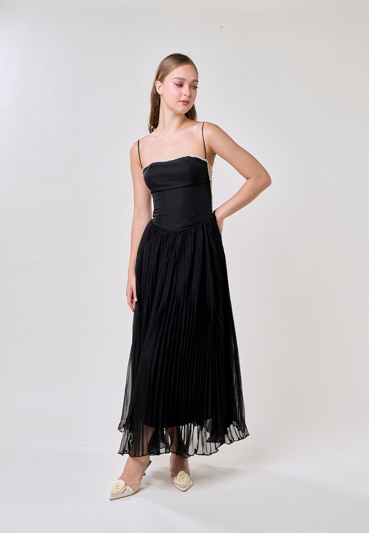 Royal Black A Line Pleated Bustier Maxi Dress