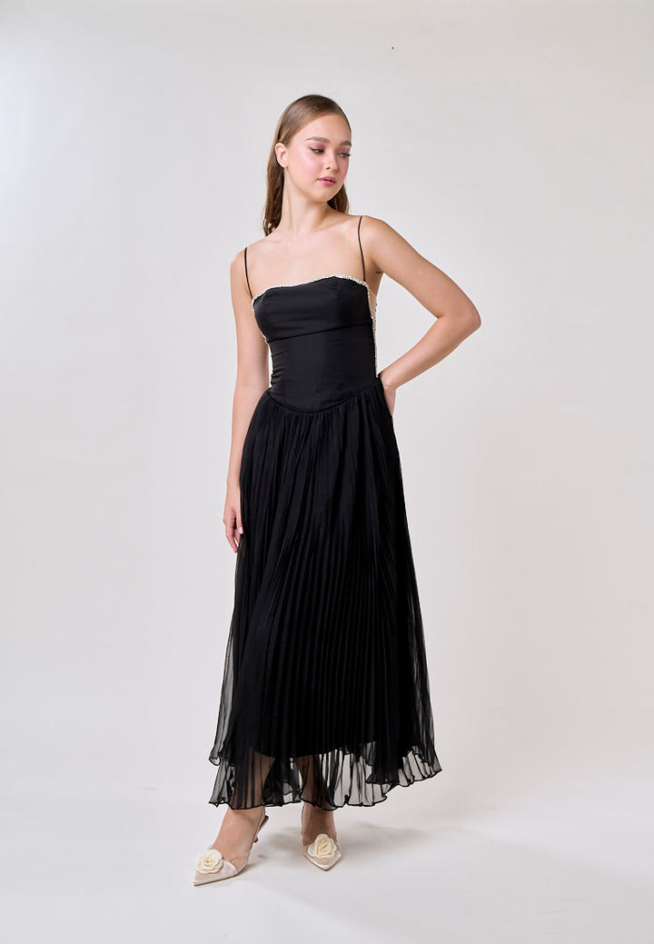 Royal Black A Line Pleated Bustier Maxi Dress