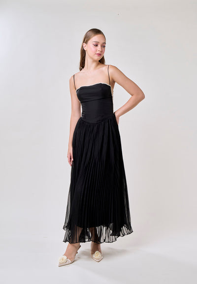 Royal Black A Line Pleated Bustier Maxi Dress