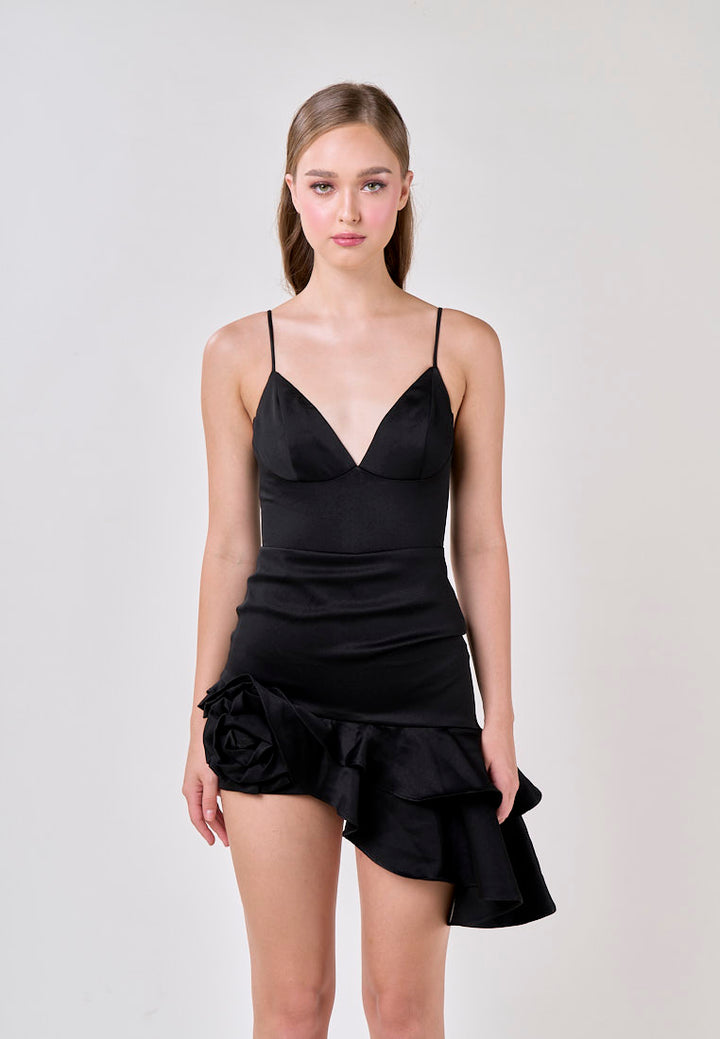 Teleri Black Spaghetti Strap 3D Flower Ruffle Mini Dress