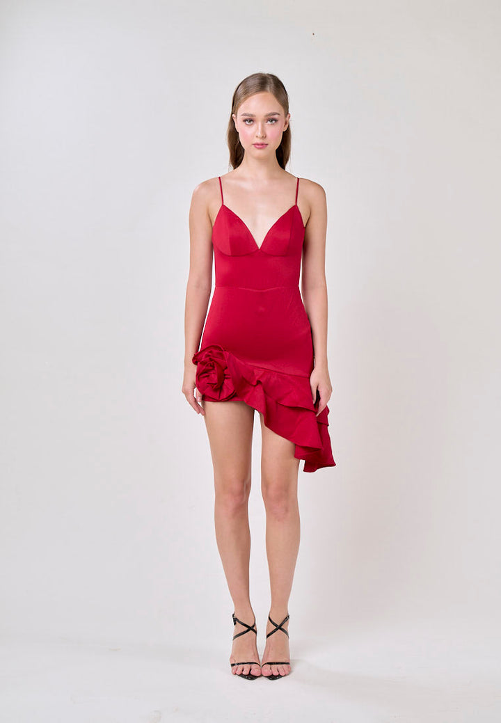 Teleri Red Spaghetti Strap 3D Flower Ruffle Mini Dress