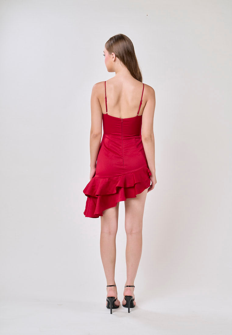 Teleri Red Spaghetti Strap 3D Flower Ruffle Mini Dress