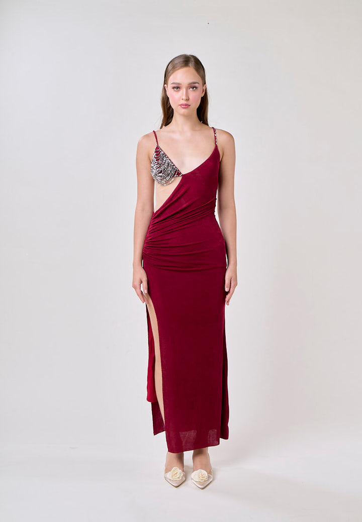 Unathi Red Sleeveless Rhinestone Bodycon Slit Maxi Dress