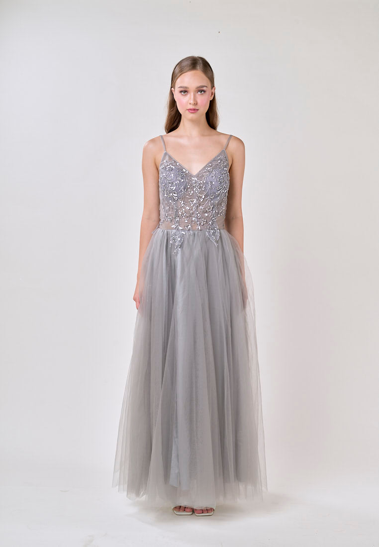 Astrid Gray V-Neck  Sequin Beading Long Slit Tulle Maxi Dress
