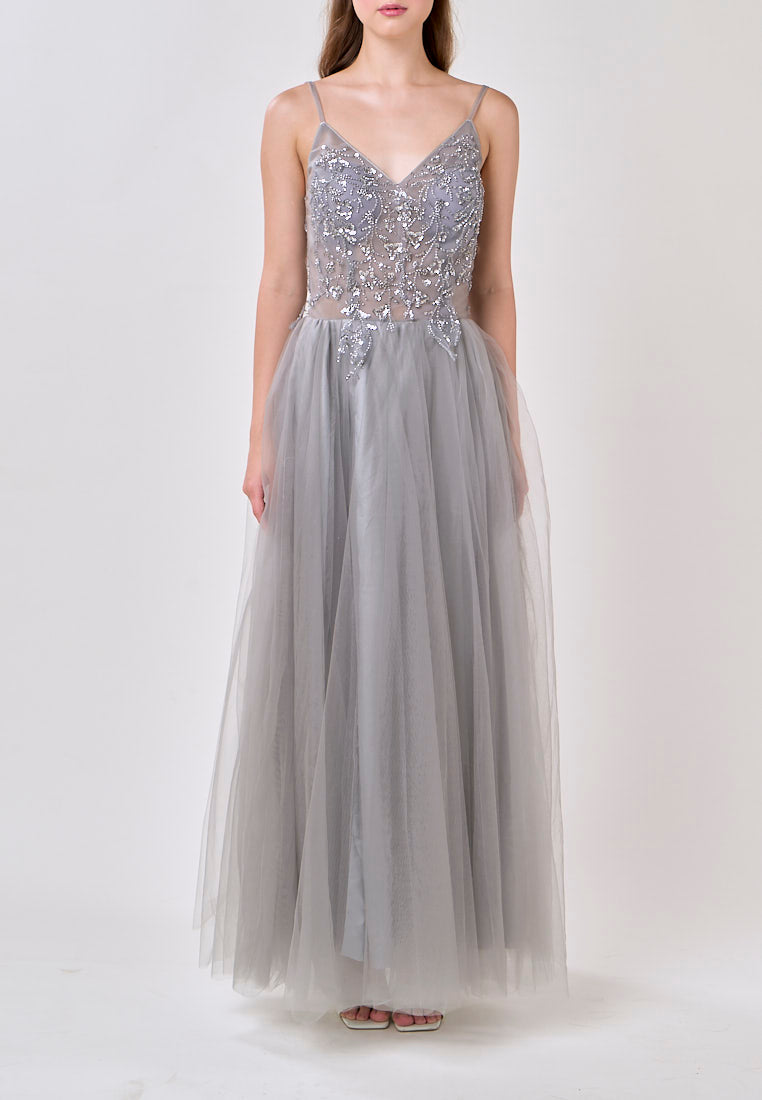 Astrid Gray V-Neck  Sequin Beading Long Slit Tulle Maxi Dress