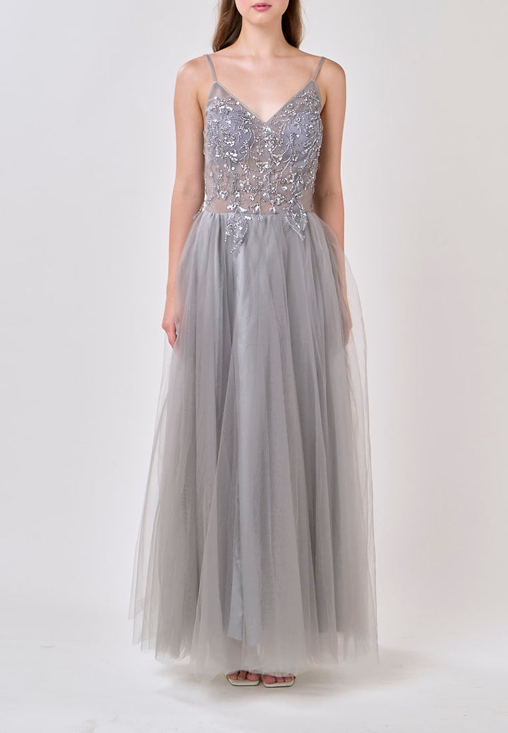 Astrid Gray V-Neck  Sequin Beading Long Slit Tulle Maxi Dress