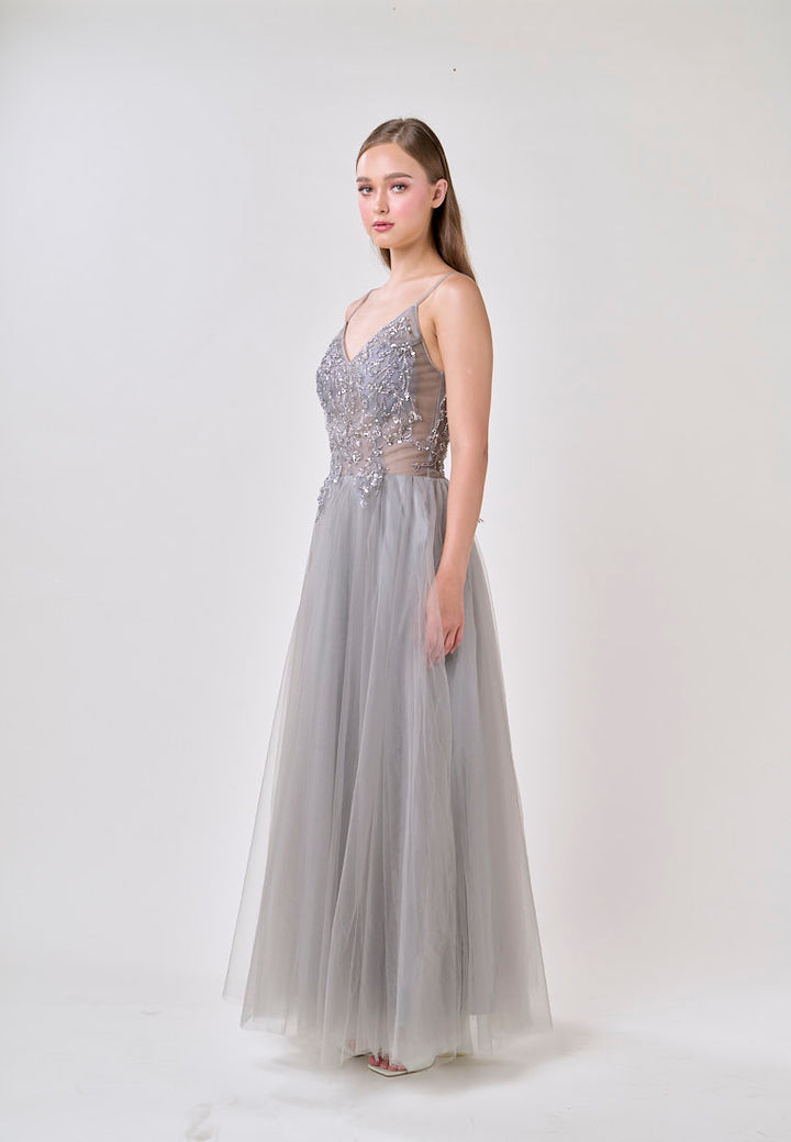 Astrid Gray V-Neck  Sequin Beading Long Slit Tulle Maxi Dress
