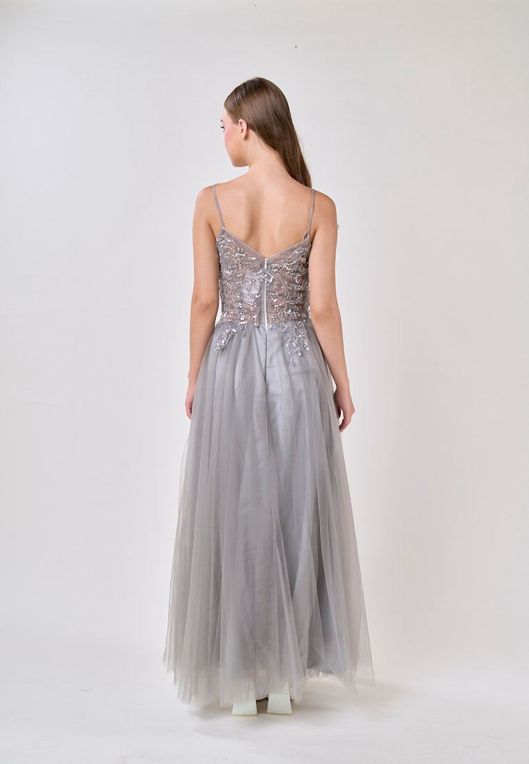 Astrid Gray V-Neck  Sequin Beading Long Slit Tulle Maxi Dress
