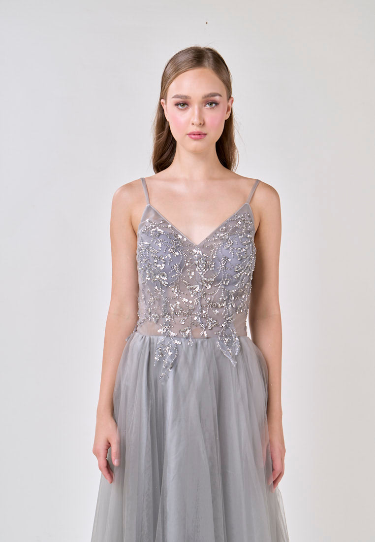 Astrid Gray V-Neck  Sequin Beading Long Slit Tulle Maxi Dress