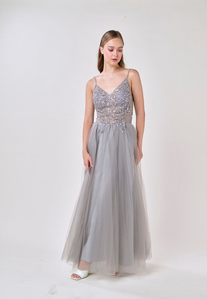 Astrid Gray V-Neck  Sequin Beading Long Slit Tulle Maxi Dress