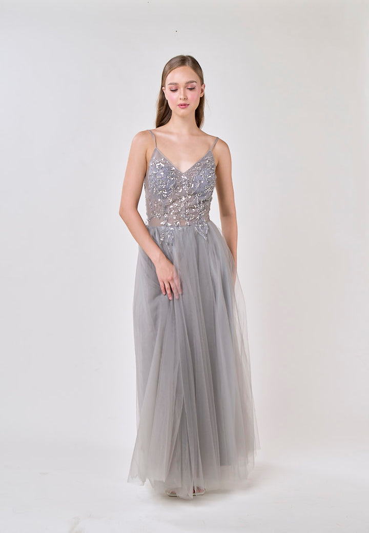 Astrid Gray V-Neck  Sequin Beading Long Slit Tulle Maxi Dress