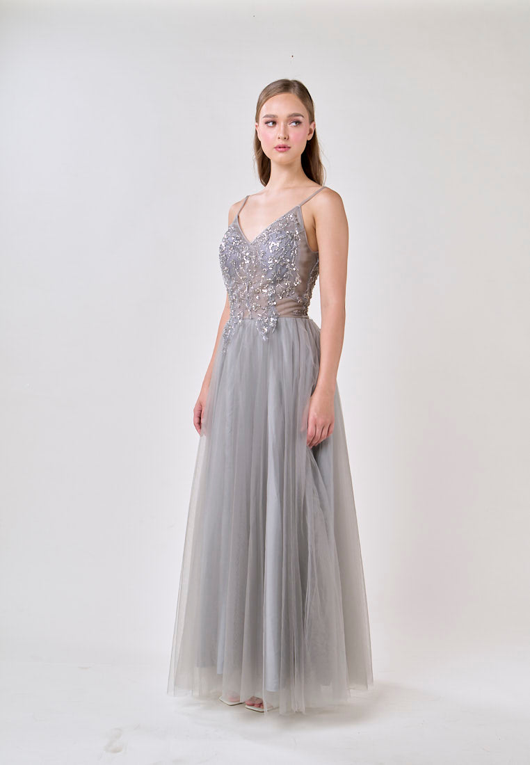 Astrid Gray V-Neck  Sequin Beading Long Slit Tulle Maxi Dress
