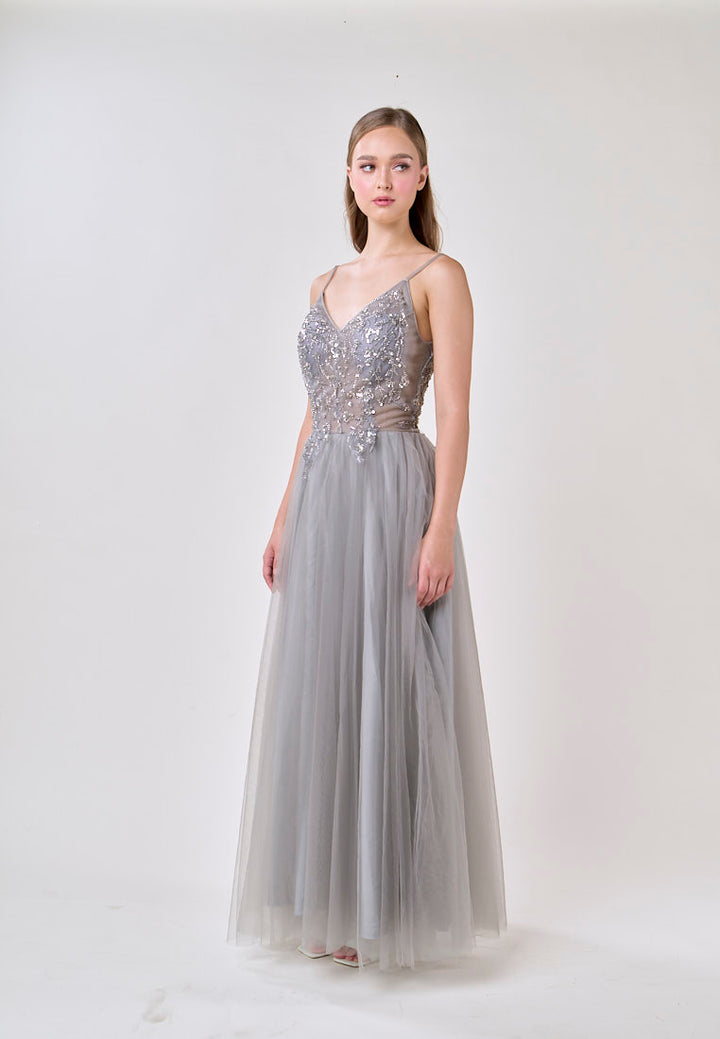 Astrid Gray V-Neck  Sequin Beading Long Slit Tulle Maxi Dress