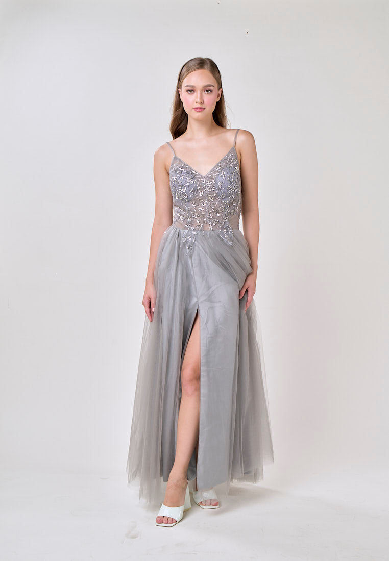 Astrid Gray V-Neck  Sequin Beading Long Slit Tulle Maxi Dress