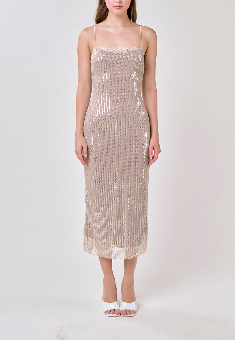 Cerise Silver Square Neck Spaghetti Strap Sequins Bodycon Maxi Dress