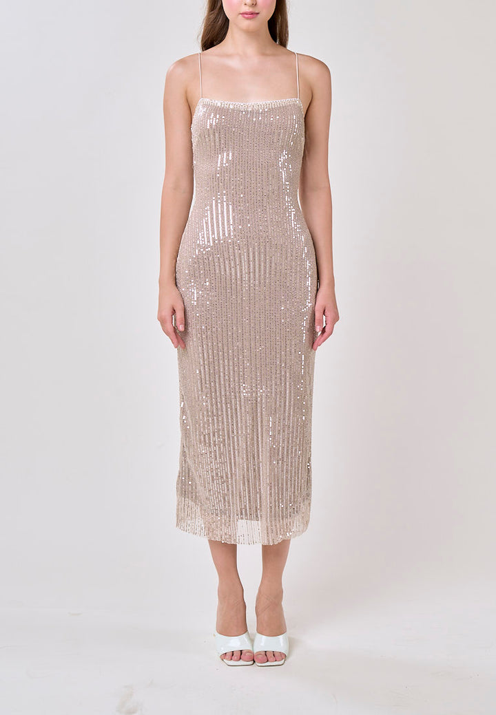 Cerise Silver Square Neck Spaghetti Strap Sequins Bodycon Maxi Dress