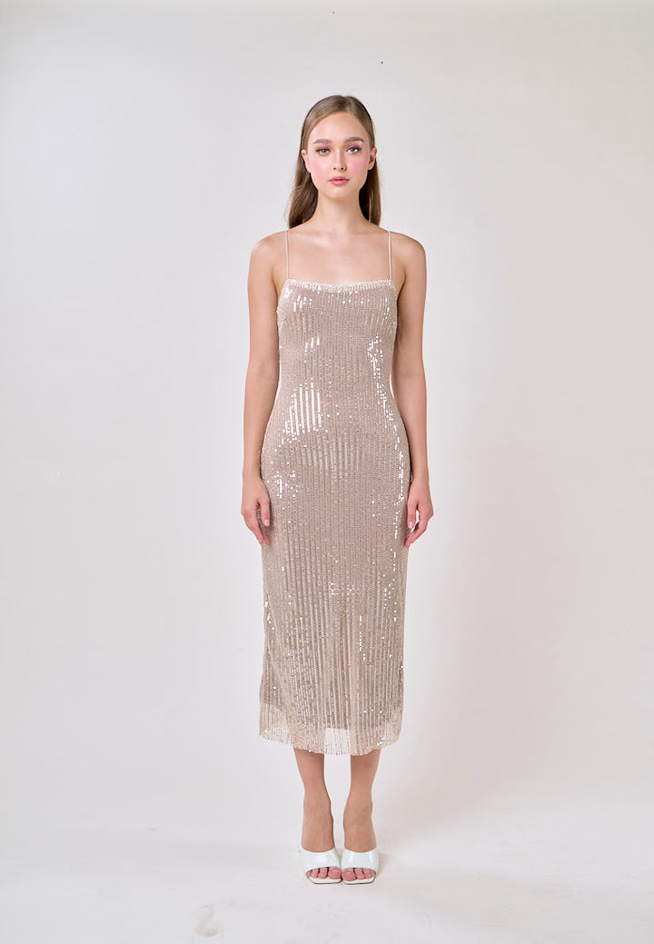 Cerise Silver Square Neck Spaghetti Strap Sequins Bodycon Maxi Dress