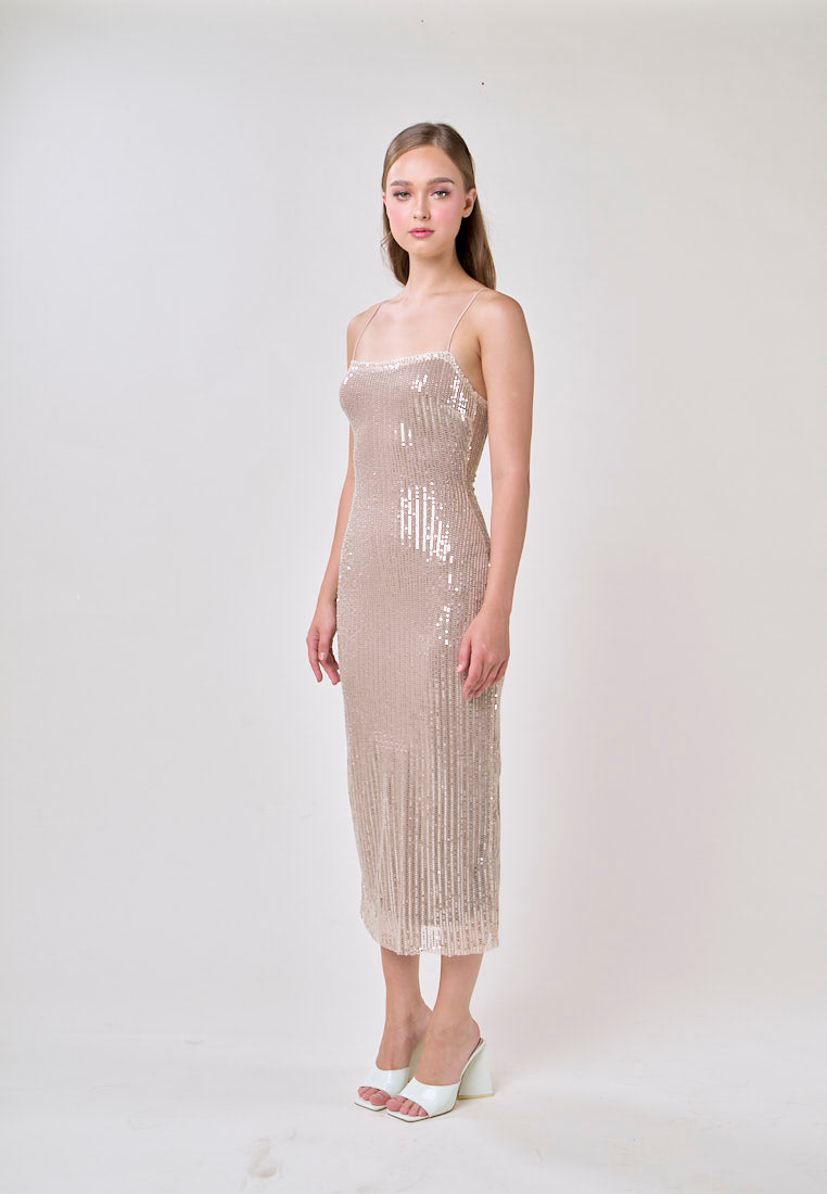 Cerise Silver Square Neck Spaghetti Strap Sequins Bodycon Maxi Dress