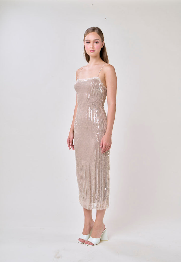 Cerise Silver Square Neck Spaghetti Strap Sequins Bodycon Maxi Dress