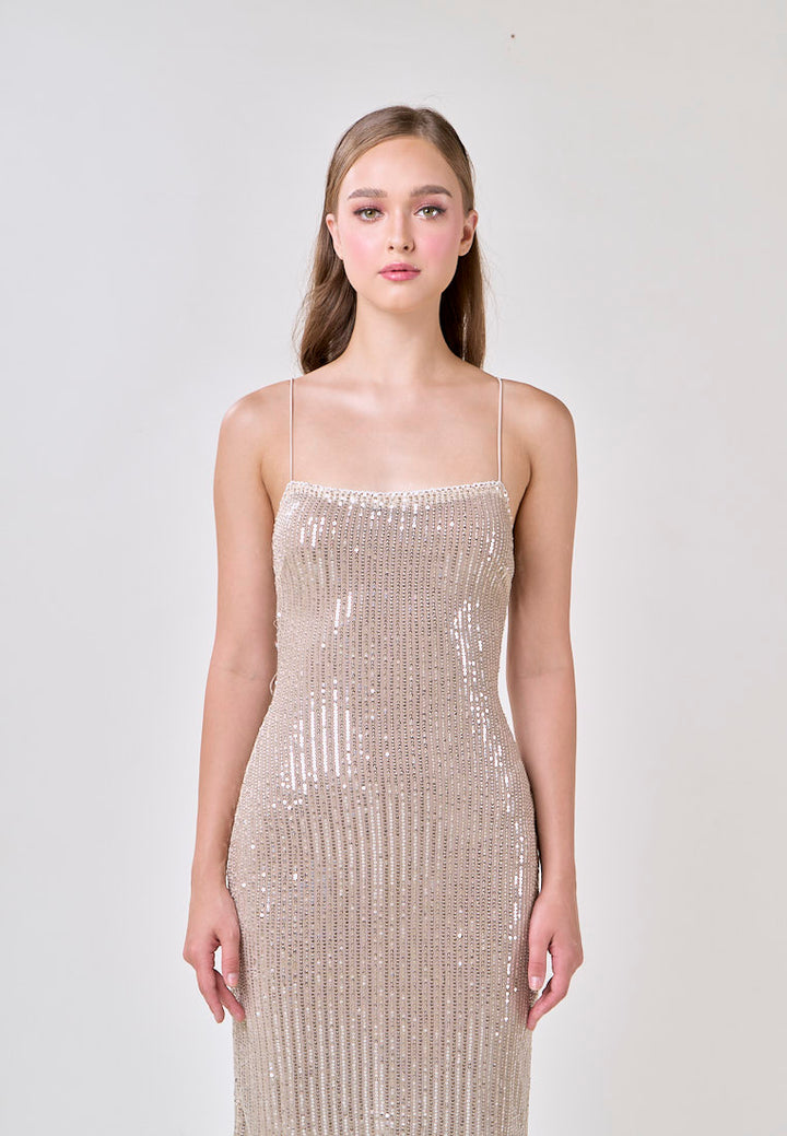 Cerise Silver Square Neck Spaghetti Strap Sequins Bodycon Maxi Dress