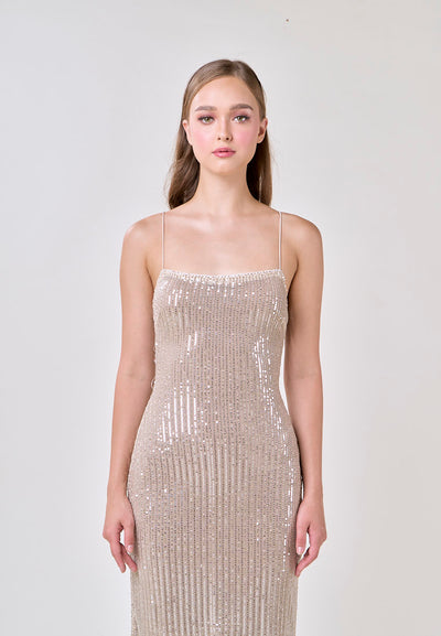 Cerise Silver Square Neck Spaghetti Strap Sequins Bodycon Maxi Dress