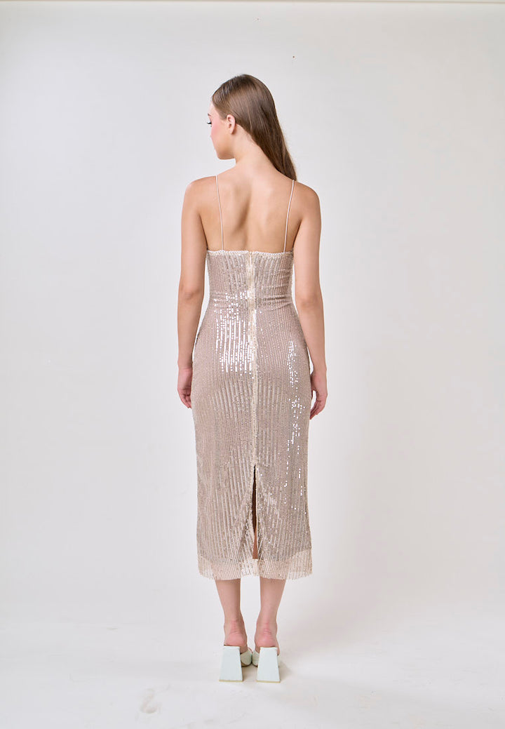 Cerise Silver Square Neck Spaghetti Strap Sequins Bodycon Maxi Dress
