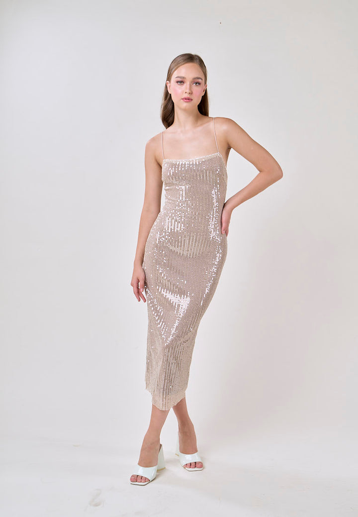 Cerise Silver Square Neck Spaghetti Strap Sequins Bodycon Maxi Dress