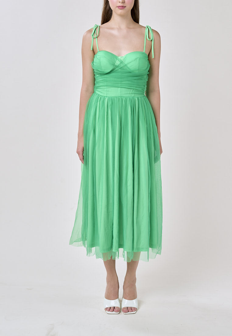 Tania Green Sweetheart Neck Tulle Layered Midi Dress