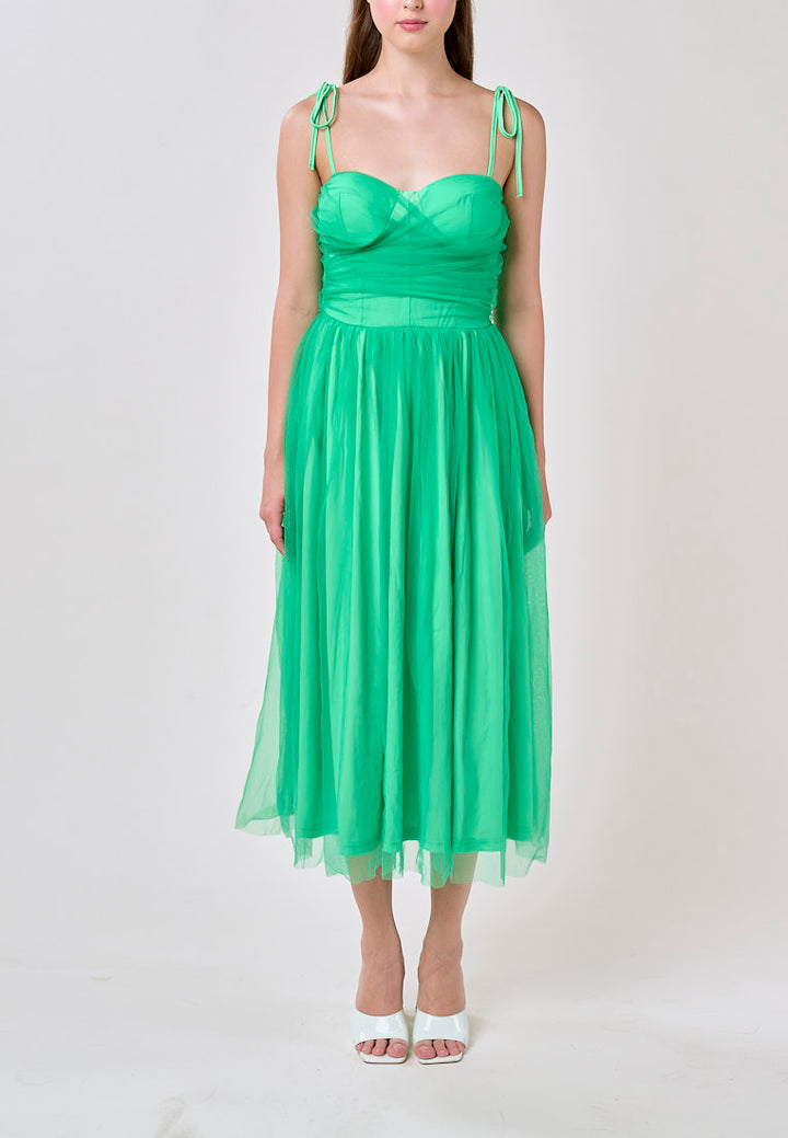 Tania Green Sweetheart Neck Tulle Layered Midi Dress