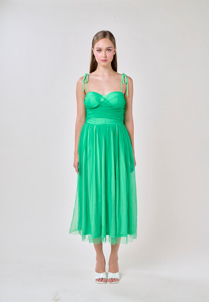 Tania Green Sweetheart Neck Tulle Layered Midi Dress
