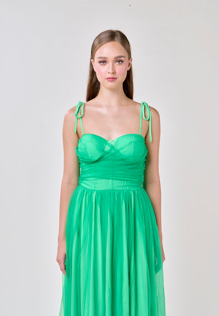 Tania Green Sweetheart Neck Tulle Layered Midi Dress