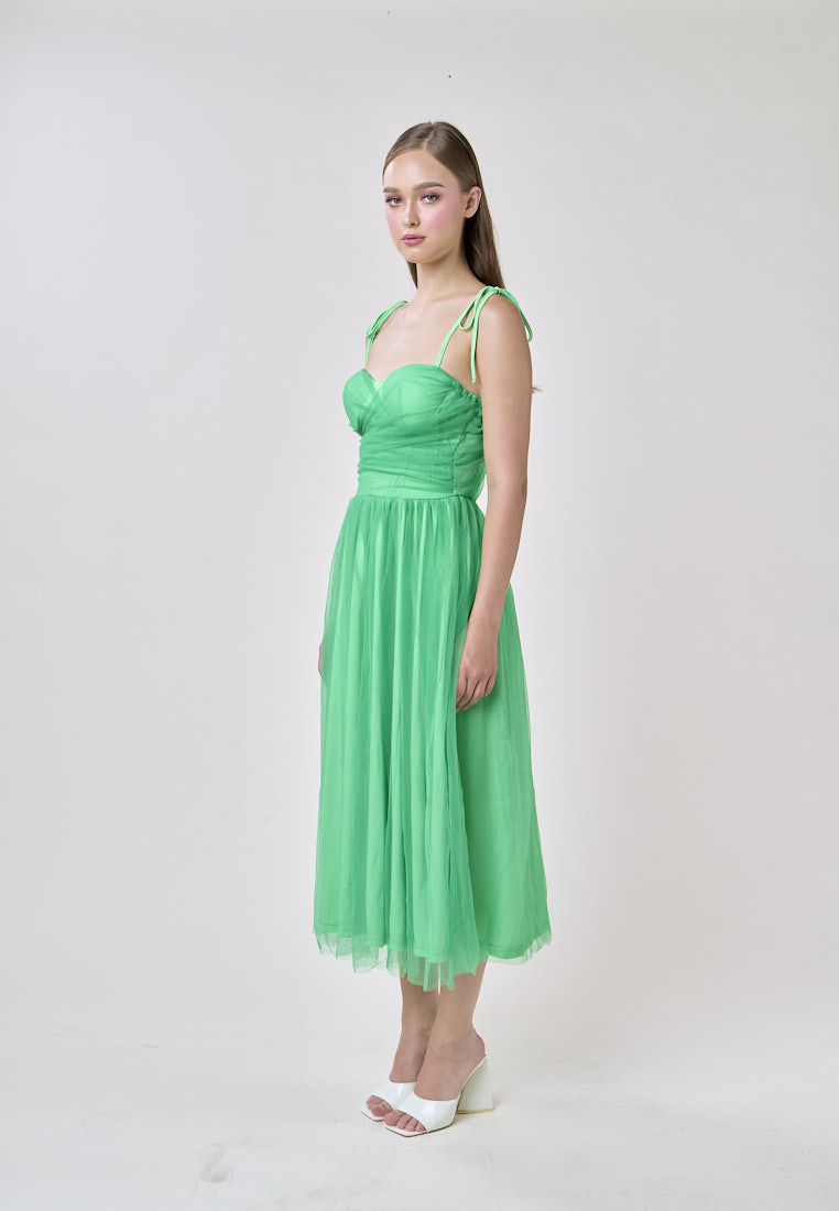 Tania Green Sweetheart Neck Tulle Layered Midi Dress