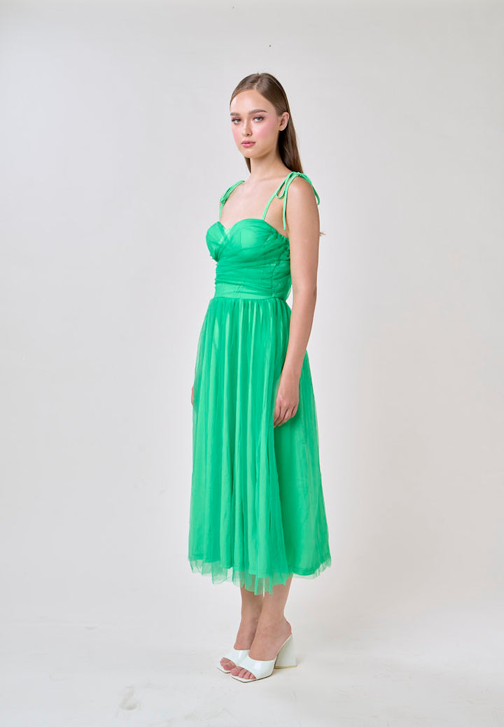 Tania Green Sweetheart Neck Tulle Layered Midi Dress