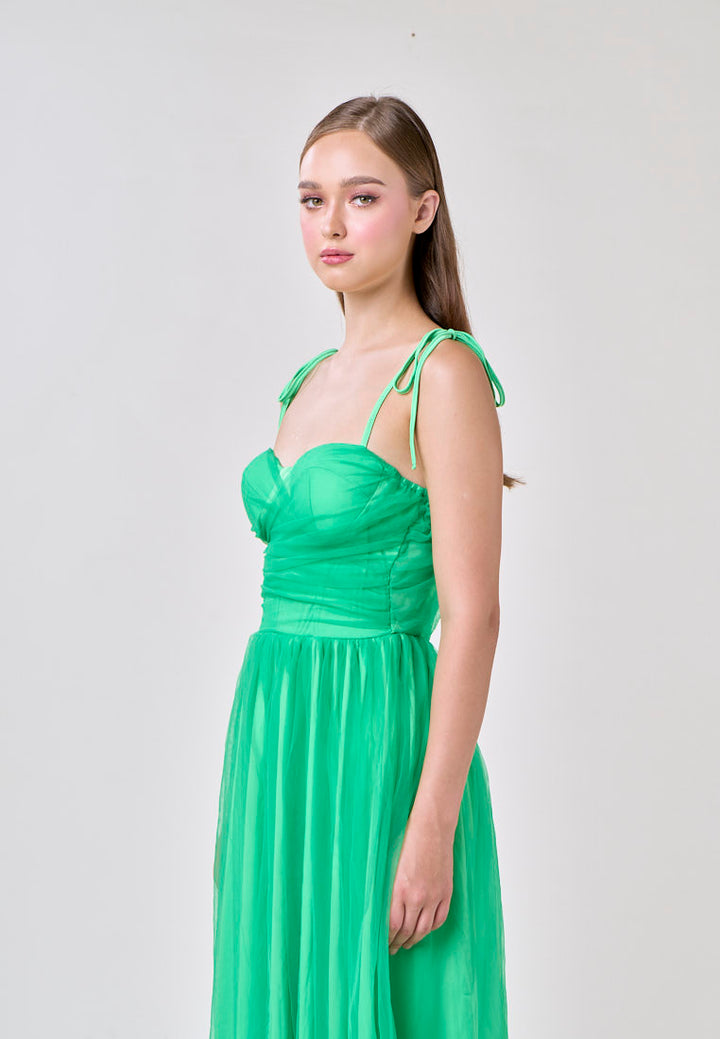 Tania Green Sweetheart Neck Tulle Layered Midi Dress