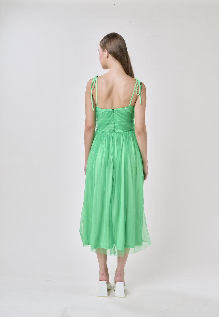 Tania Green Sweetheart Neck Tulle Layered Midi Dress