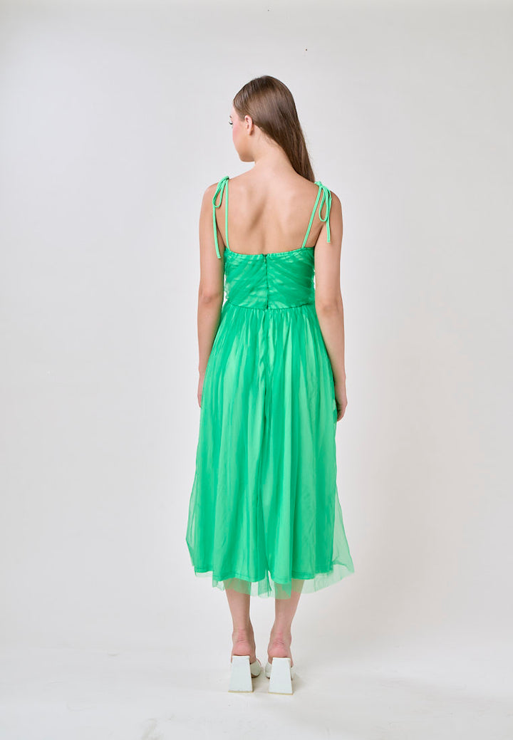 Tania Green Sweetheart Neck Tulle Layered Midi Dress