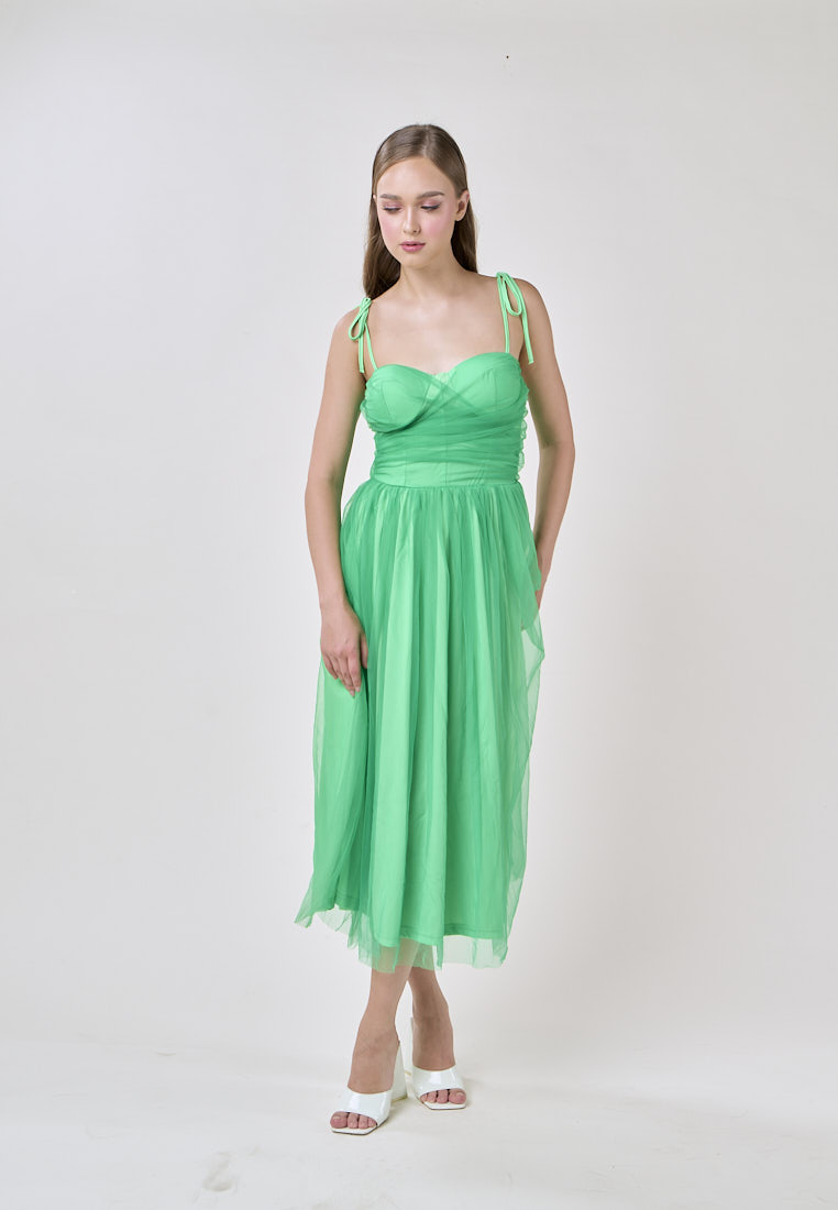 Tania Green Sweetheart Neck Tulle Layered Midi Dress