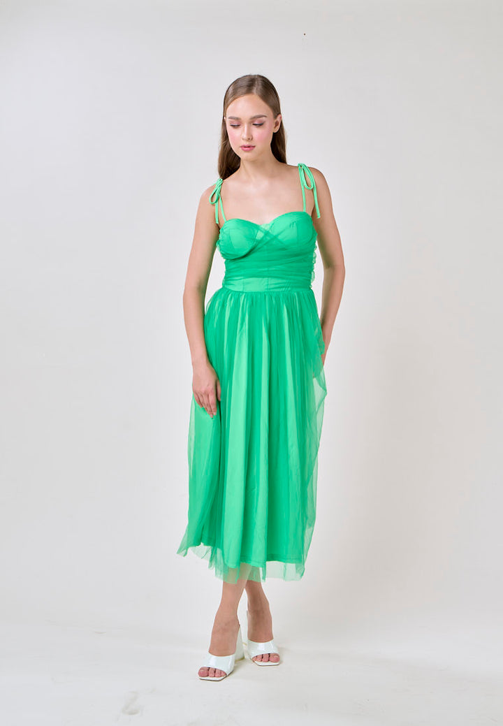 Tania Green Sweetheart Neck Tulle Layered Midi Dress