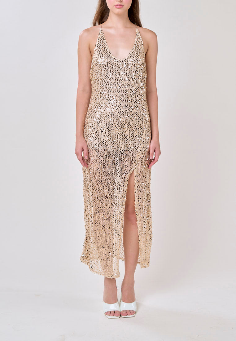 Briar Beige V-Neck Crisscross Back Sequin Mesh  Sleeveless Midi Dress