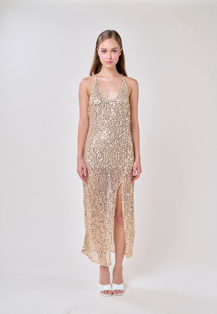 Briar Beige V-Neck Crisscross Back Sequin Mesh  Sleeveless Midi Dress
