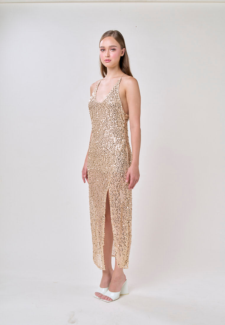 Briar Beige V-Neck Crisscross Back Sequin Mesh  Sleeveless Midi Dress
