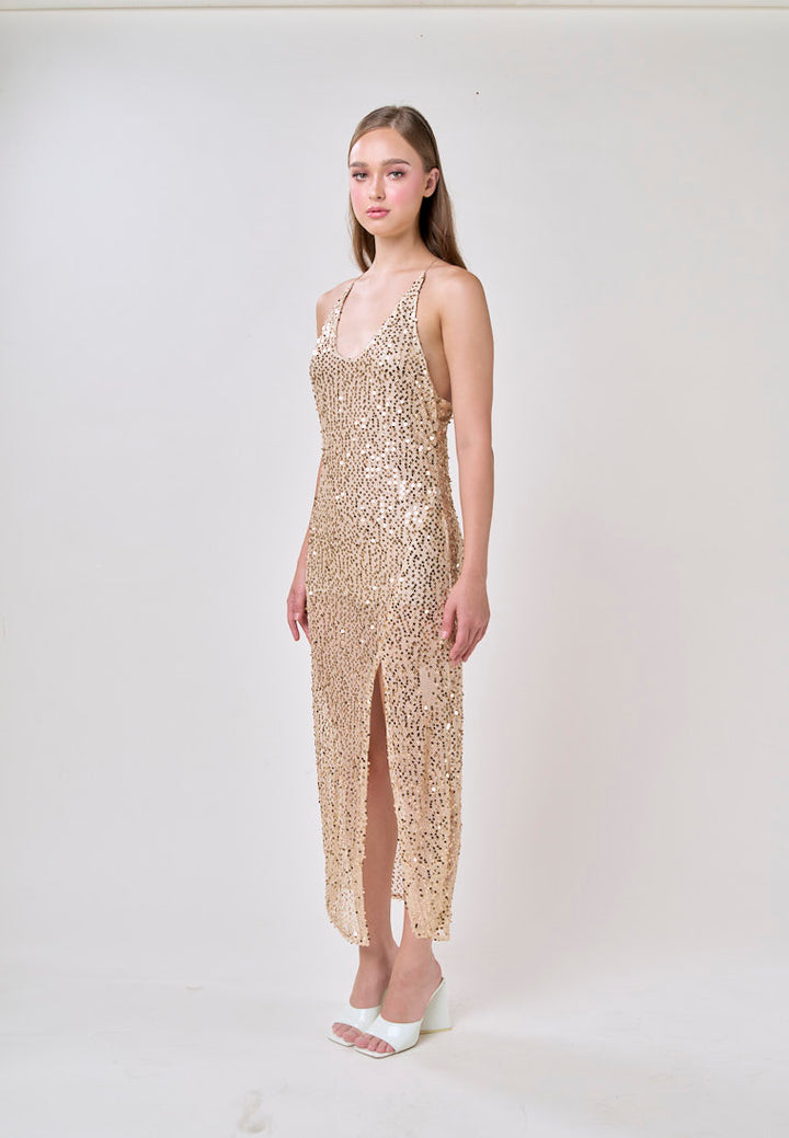 Briar Beige V-Neck Crisscross Back Sequin Mesh  Sleeveless Midi Dress