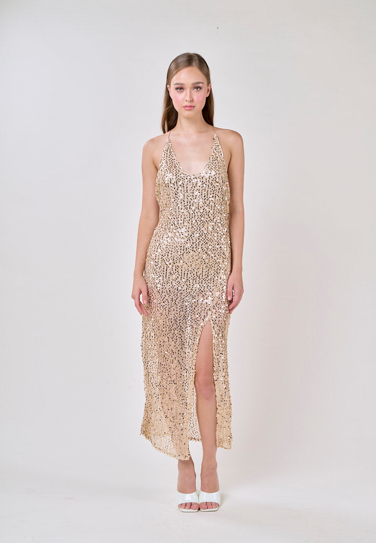 Briar Beige V-Neck Crisscross Back Sequin Mesh  Sleeveless Midi Dress