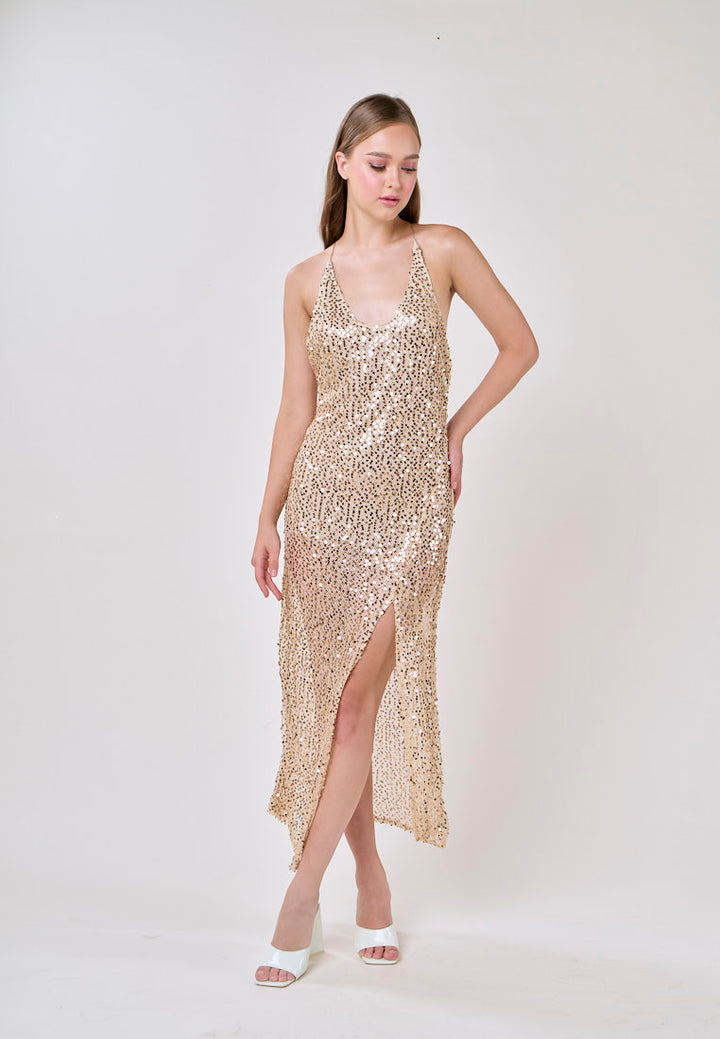 Briar Beige V-Neck Crisscross Back Sequin Mesh  Sleeveless Midi Dress
