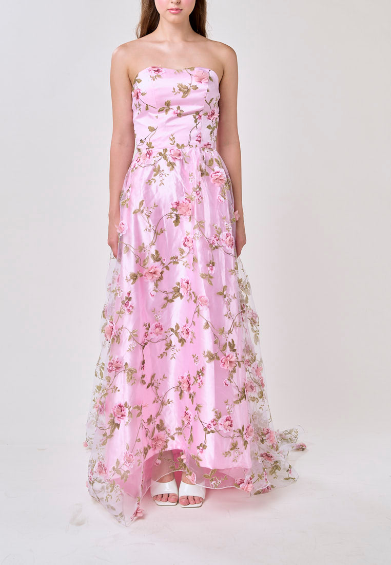 Loxley Pink Lace 3D  Floral Tube Maxi Dress