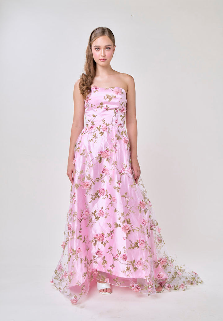 Loxley Pink Lace 3D  Floral Tube Maxi Dress