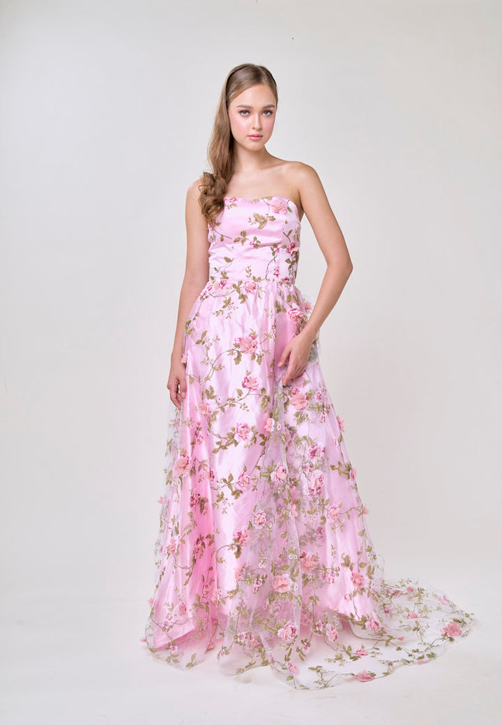 Loxley Pink Lace 3D  Floral Tube Maxi Dress