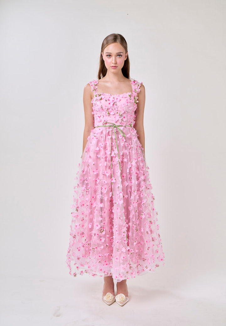 Millie Pink Square Neck 3D Cherry Blossom Flower Midi Dress