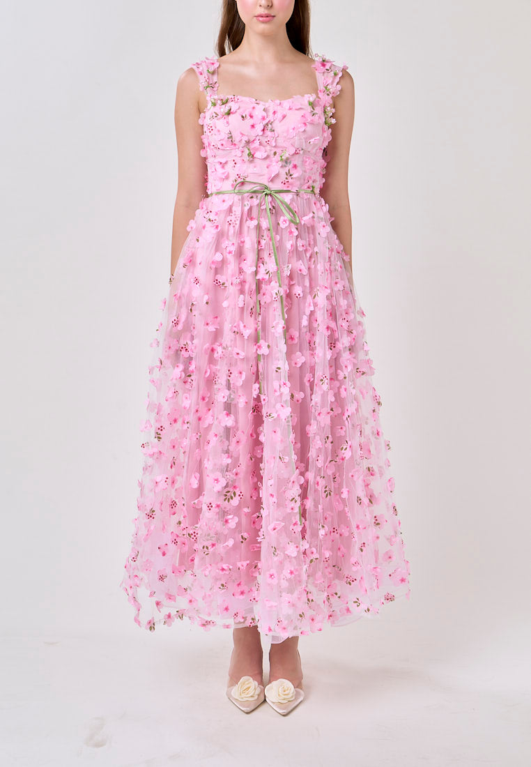 Millie Pink Square Neck 3D Cherry Blossom Flower Midi Dress